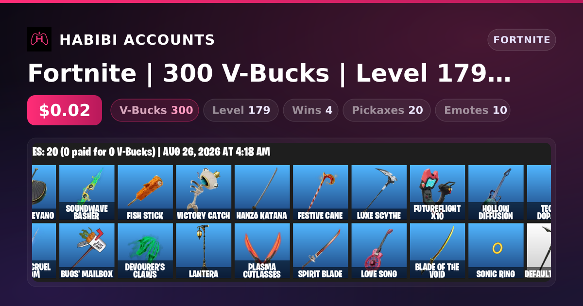 Fortnite | 300 V-Bucks | Level 179 | 4 Wins — HabibiAccounts