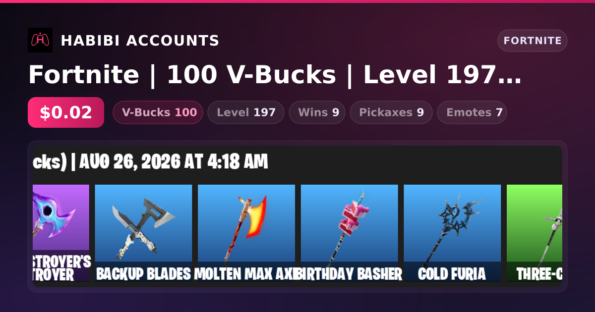 Fortnite | 100 V-Bucks | Level 197 | 9 Wins — HabibiAccounts