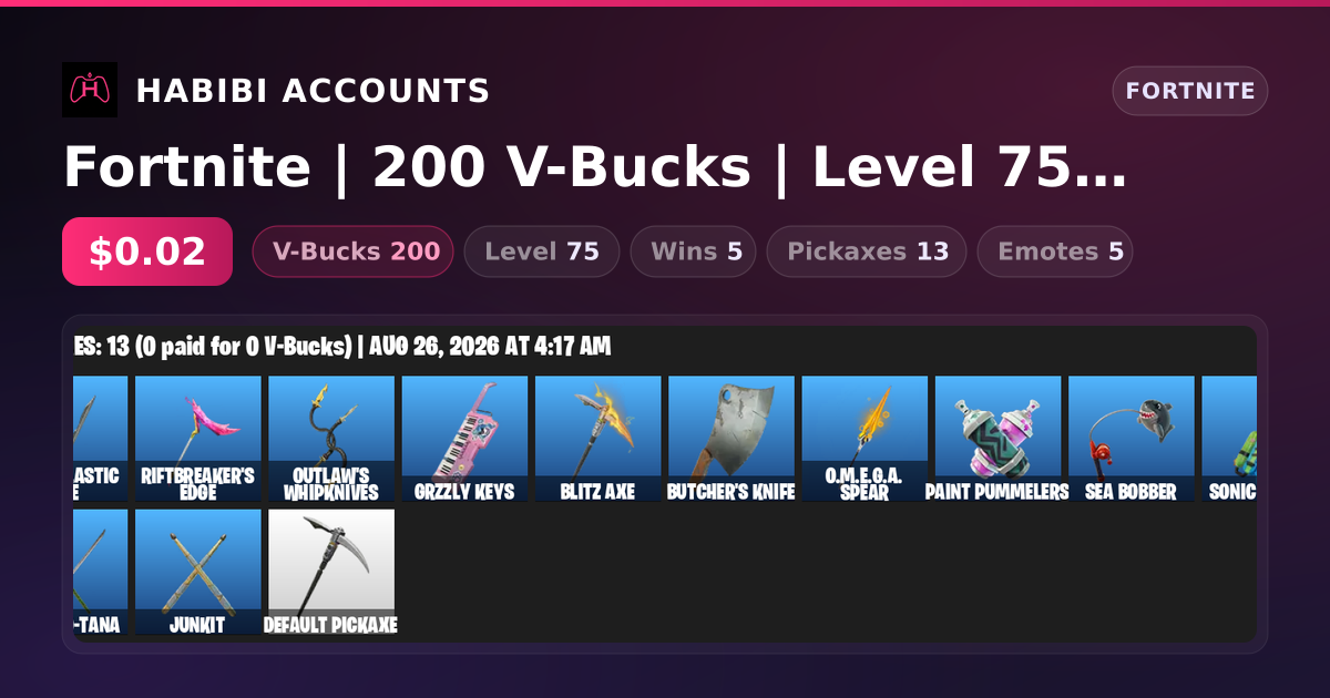 Fortnite | 200 V-Bucks | Level 75 | 5 Wins — HabibiAccounts