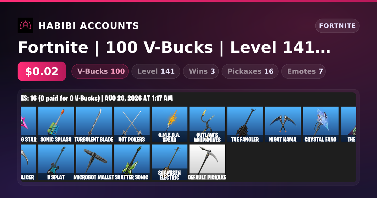 Fortnite | 100 V-Bucks | Level 141 | 3 Wins — HabibiAccounts