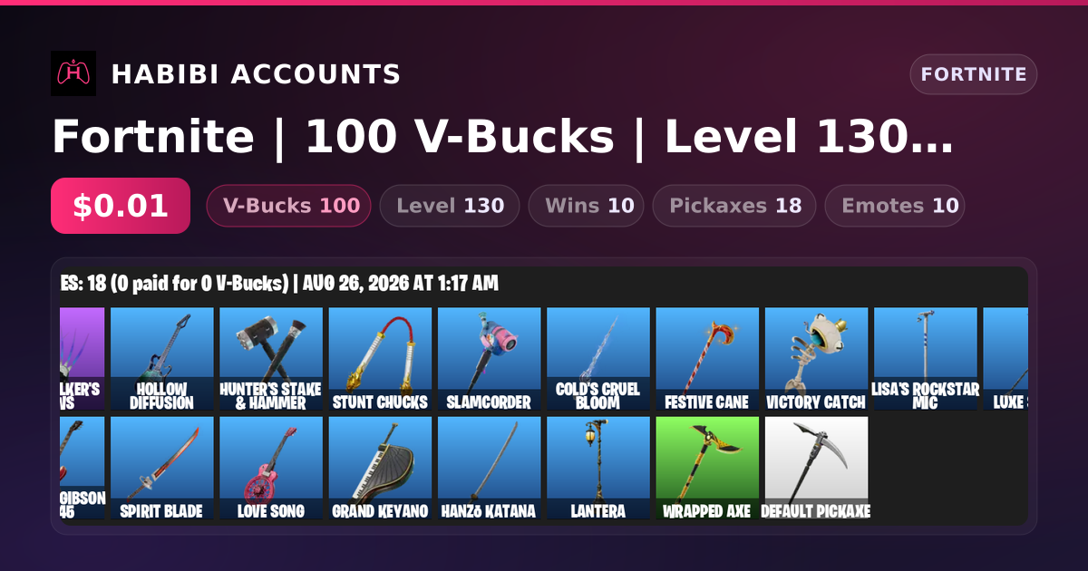 Fortnite | 100 V-Bucks | Level 130 | 10 Wins — HabibiAccounts