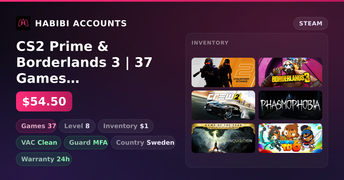 CS2 Prime & Borderlands 3 | 37 Games | Clean — HabibiAccounts
