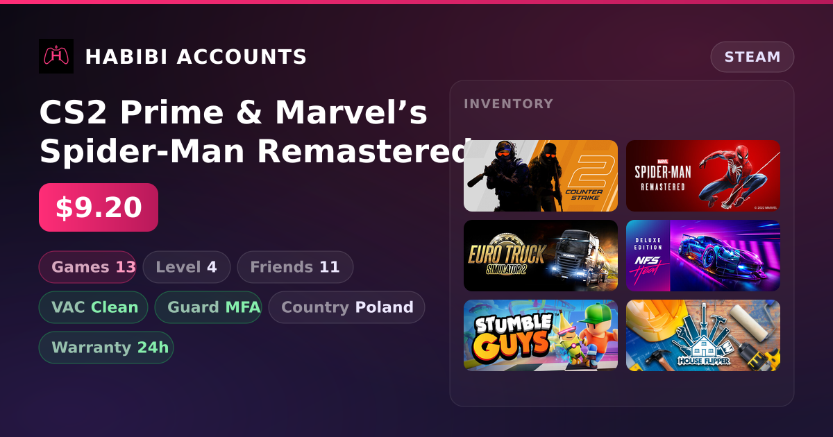 CS2 Prime & Marvel’s Spider-Man Remastered | 13 Games | Clean