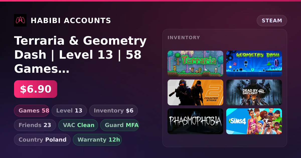 Terraria & Geometry Dash | Level 13 | 58 Games | Clean — HabibiAccounts