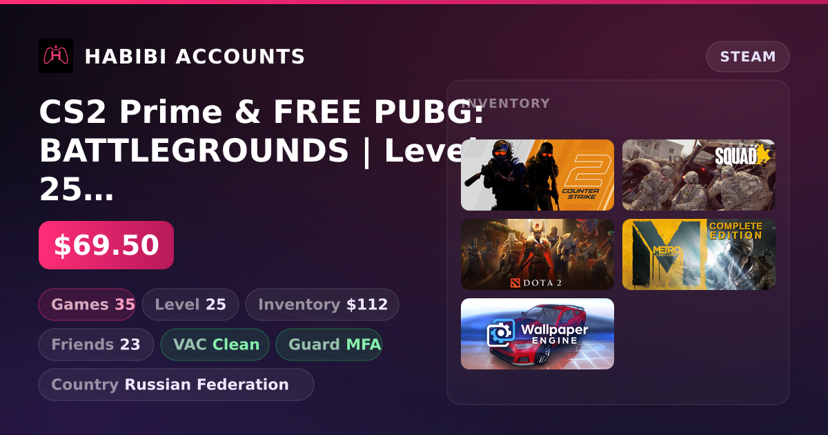 CS2 Prime & FREE PUBG: BATTLEGROUNDS | Level 25 | 35 Games | Clean