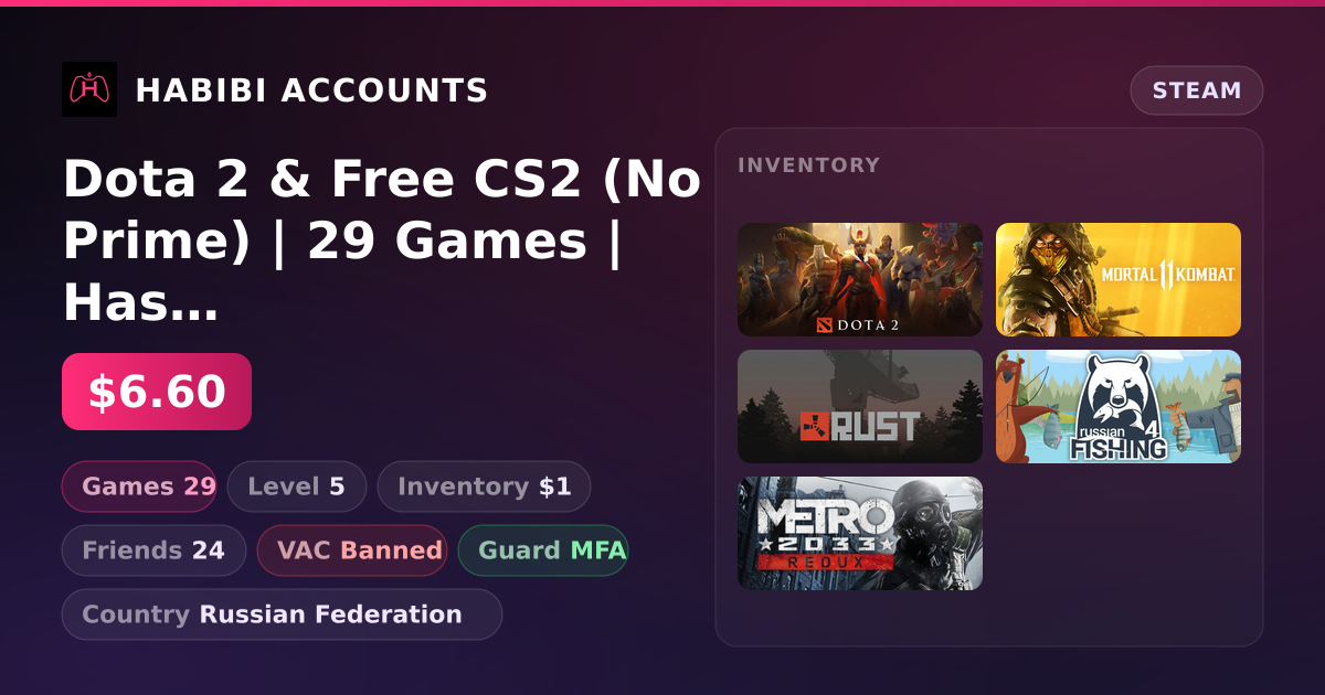 Dota 2 & Free CS2 (No Prime) | 29 Games | Has VAC