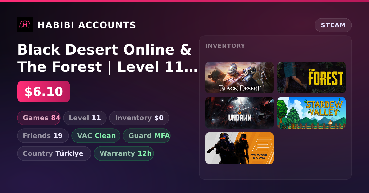 Black Desert Online & The Forest | Level 11 | 84 Games | Clean