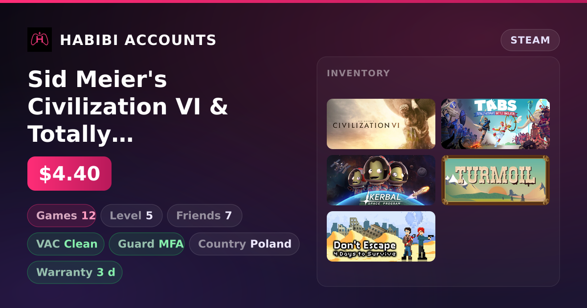 Sid Meier's Civilization VI & Totally Accurate Battle Simulator | 12 Games | Clean — HabibiAccounts