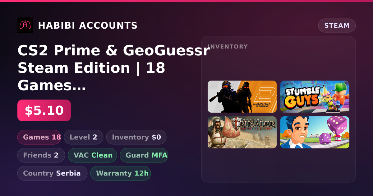 CS2 Prime & GeoGuessr Steam Edition | 18 Games | Clean — HabibiAccounts