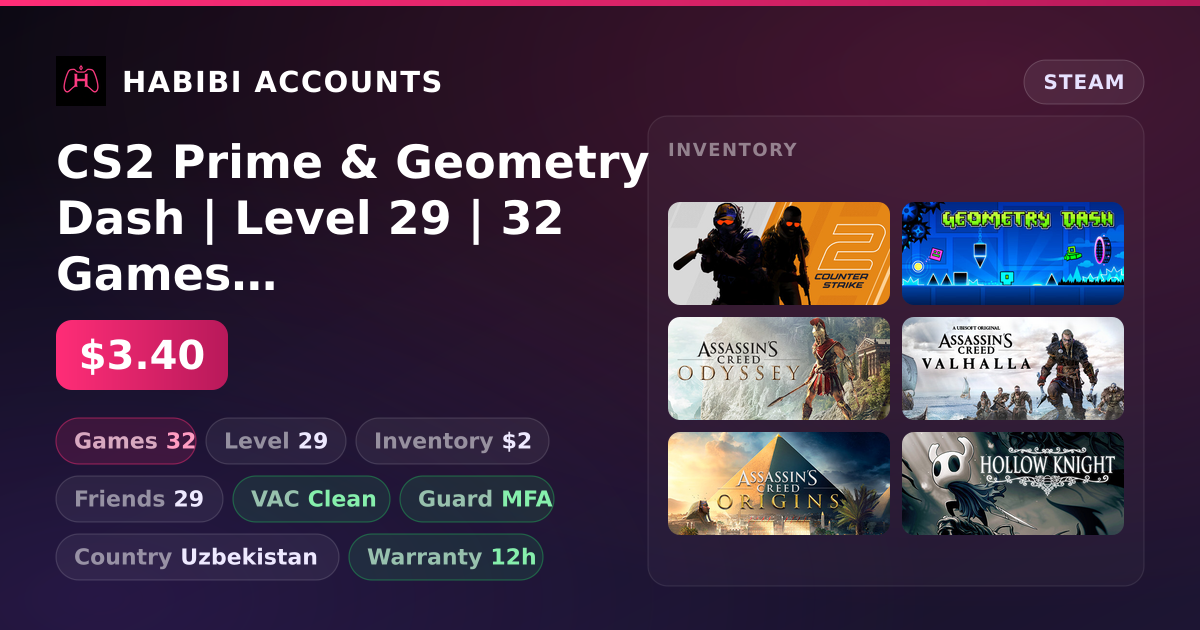 CS2 Prime & Geometry Dash | Level 29 | 32 Games | Clean — HabibiAccounts