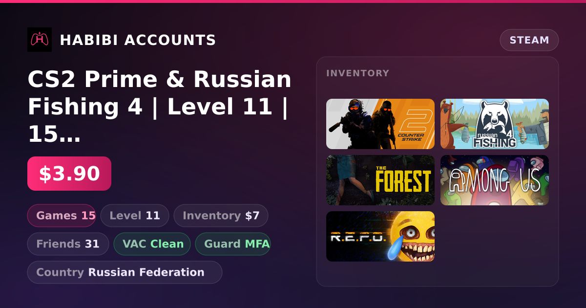 CS2 Prime & Russian Fishing 4 | Level 11 | 15 Games | Clean — HabibiAccounts
