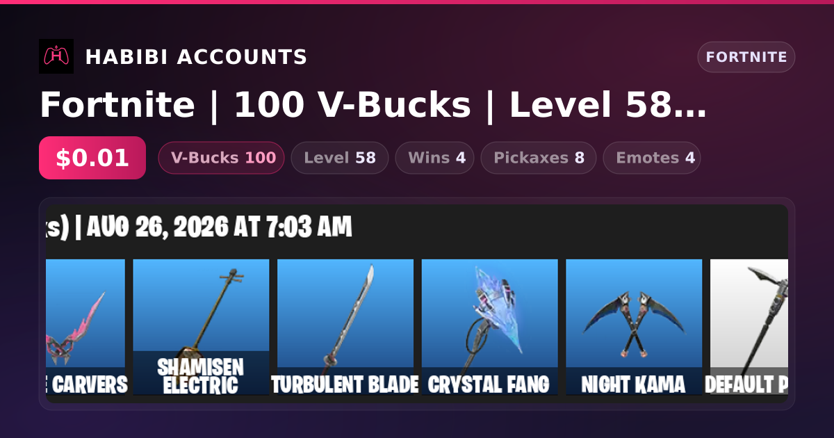 Fortnite | 100 V-Bucks | Level 58 | 4 Wins — HabibiAccounts
