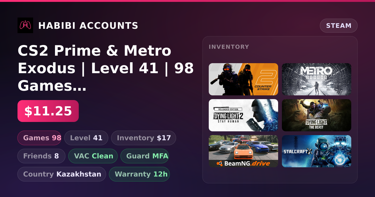 CS2 Prime & Metro Exodus | Level 41 | 98 Games | Clean