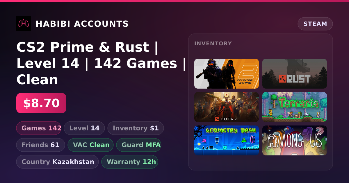 CS2 Prime & Rust | Level 14 | 142 Games | Clean — HabibiAccounts