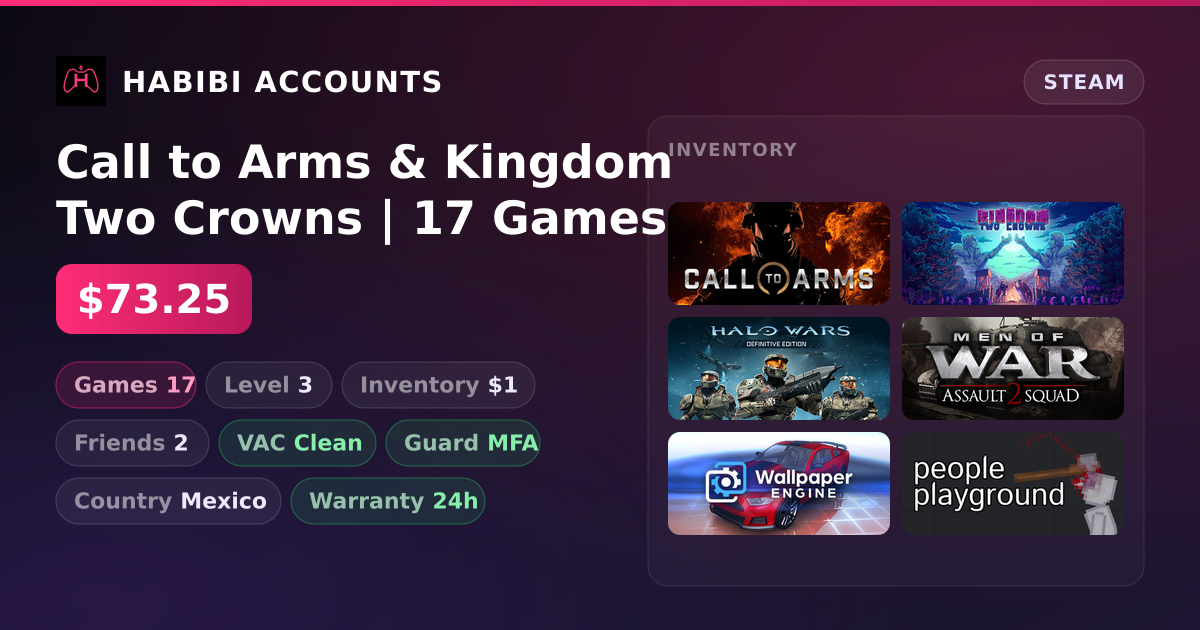 Call to Arms & Kingdom Two Crowns | 17 Games | Clean — HabibiAccounts