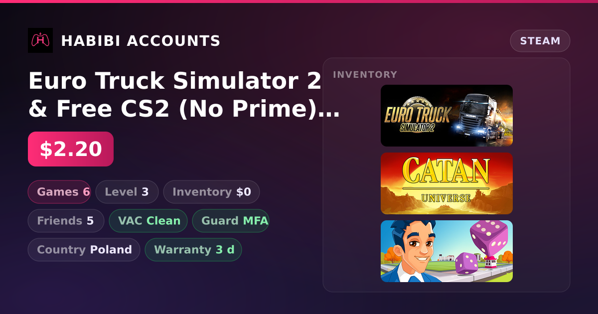 Euro Truck Simulator 2 & Free CS2 (No Prime) | Clean — HabibiAccounts