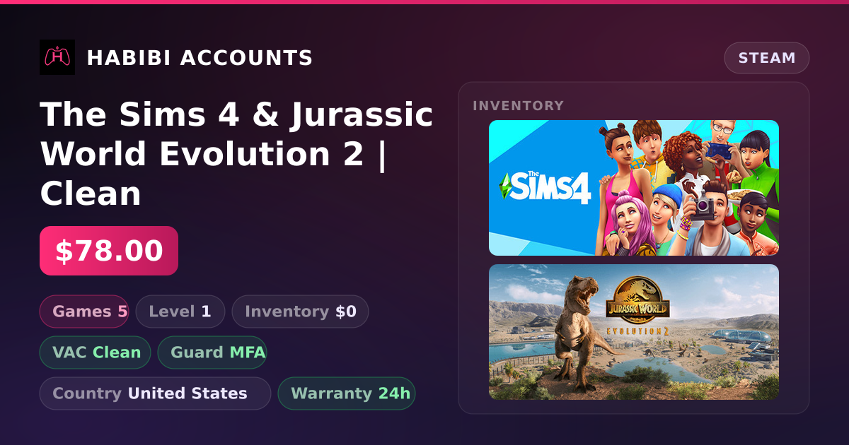 The Sims 4 & Jurassic World Evolution 2 | Clean — HabibiAccounts