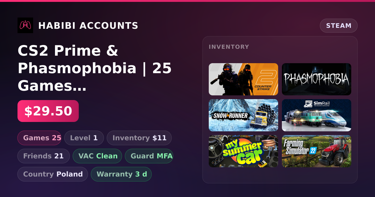 CS2 Prime & Phasmophobia | 25 Games | Clean