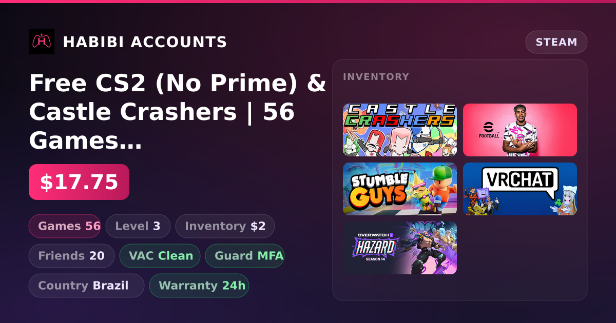 Free CS2 (No Prime) & Castle Crashers | 56 Games | Clean