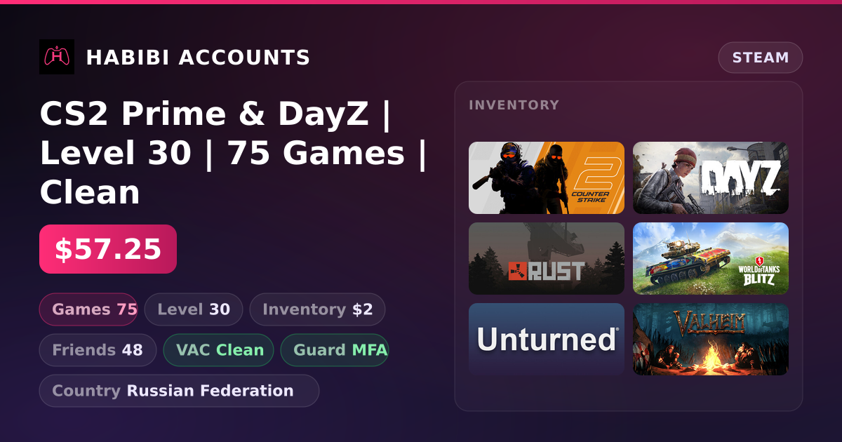 CS2 Prime & DayZ | Level 30 | 75 Games | Clean