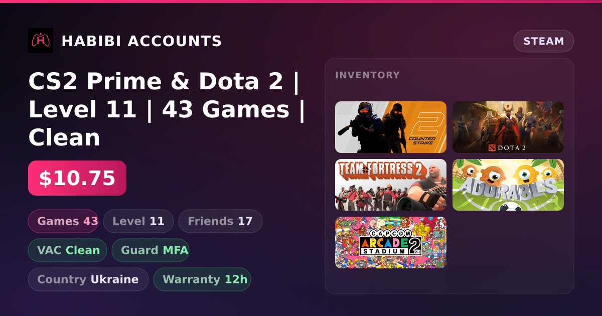 CS2 Prime & Dota 2 | Level 11 | 43 Games | Clean