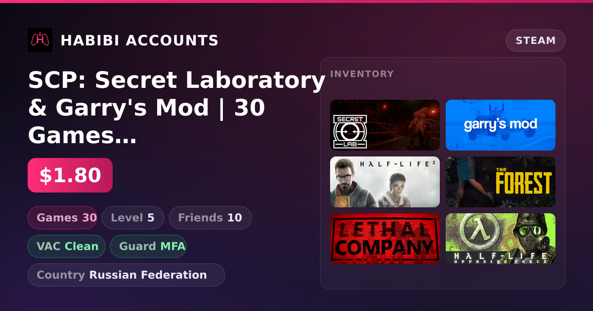 SCP: Secret Laboratory & Garry's Mod | 30 Games | Clean — HabibiAccounts