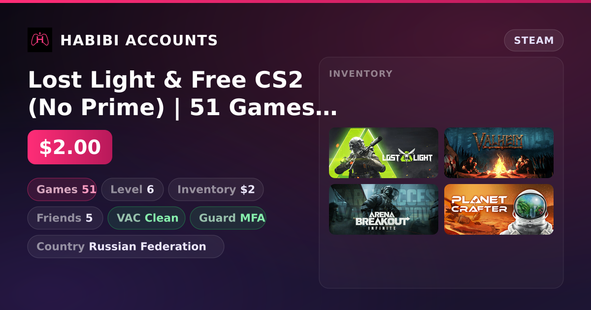 Lost Light & Free CS2 (No Prime) | 51 Games | Clean — HabibiAccounts