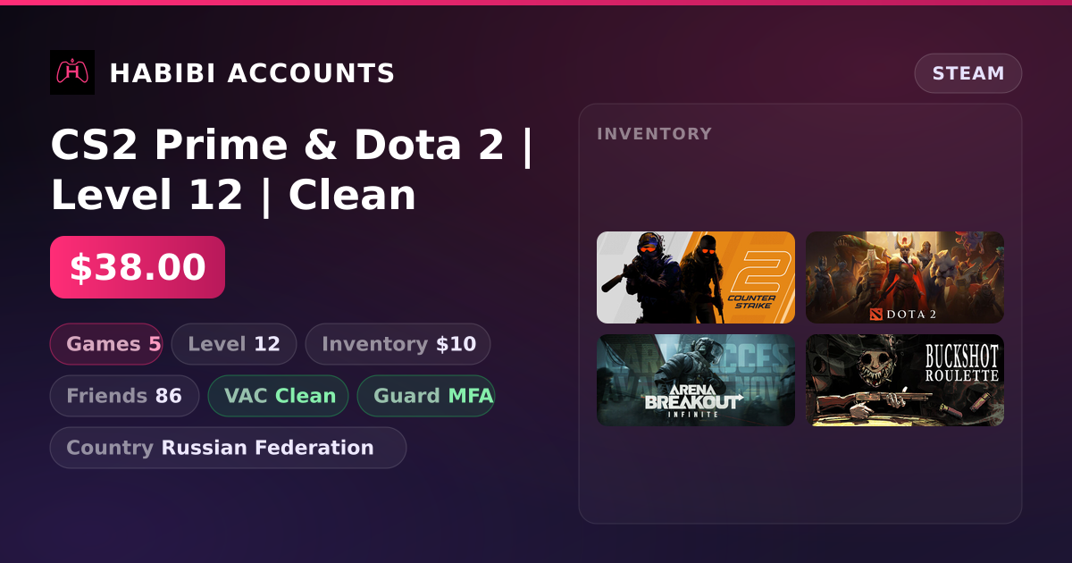 CS2 Prime & Dota 2 | Level 12 | Clean