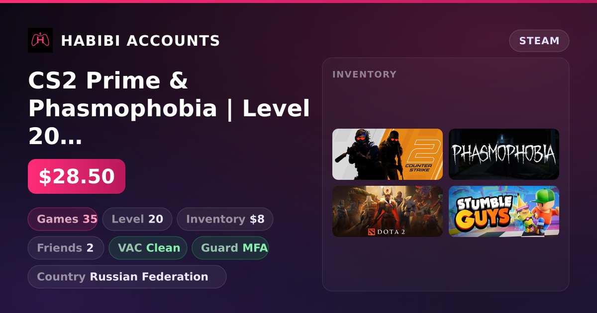 CS2 Prime & Phasmophobia | Level 20 | 35 Games | Clean