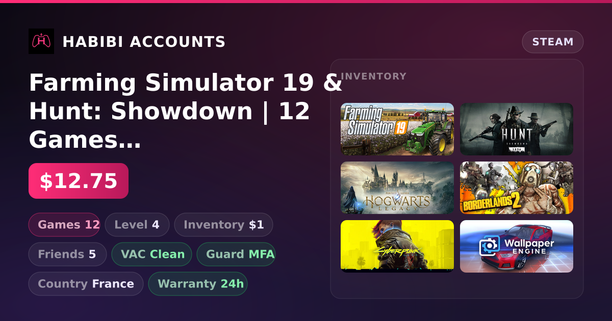 Farming Simulator 19 & Hunt: Showdown | 12 Games | Clean — HabibiAccounts