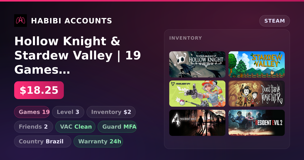 Hollow Knight & Stardew Valley | 19 Games | Clean — HabibiAccounts