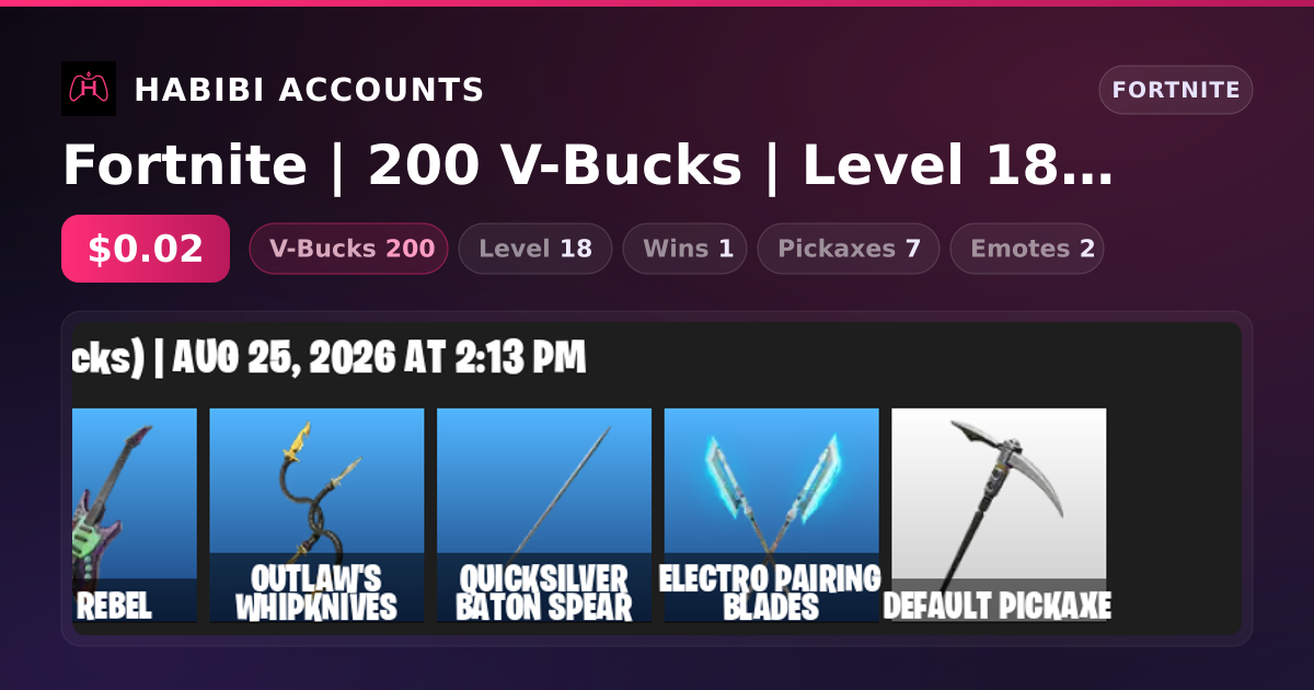 Fortnite | 200 V-Bucks | Level 18 | 1 Wins — HabibiAccounts
