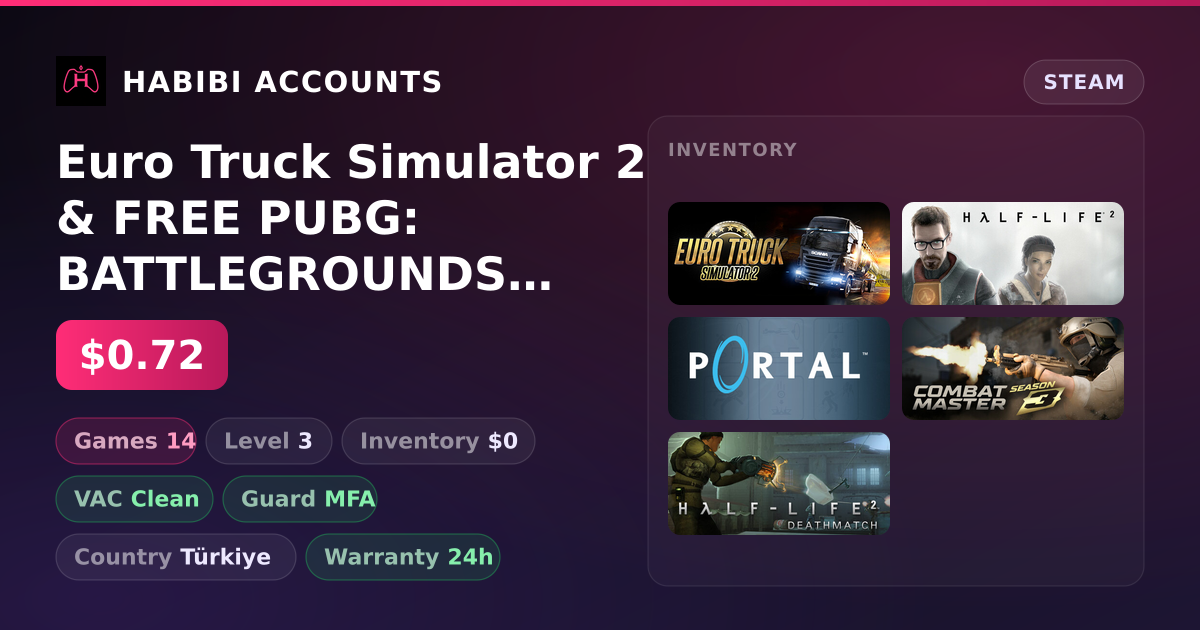 Euro Truck Simulator 2 & FREE PUBG: BATTLEGROUNDS | 14 Games | Clean — HabibiAccounts