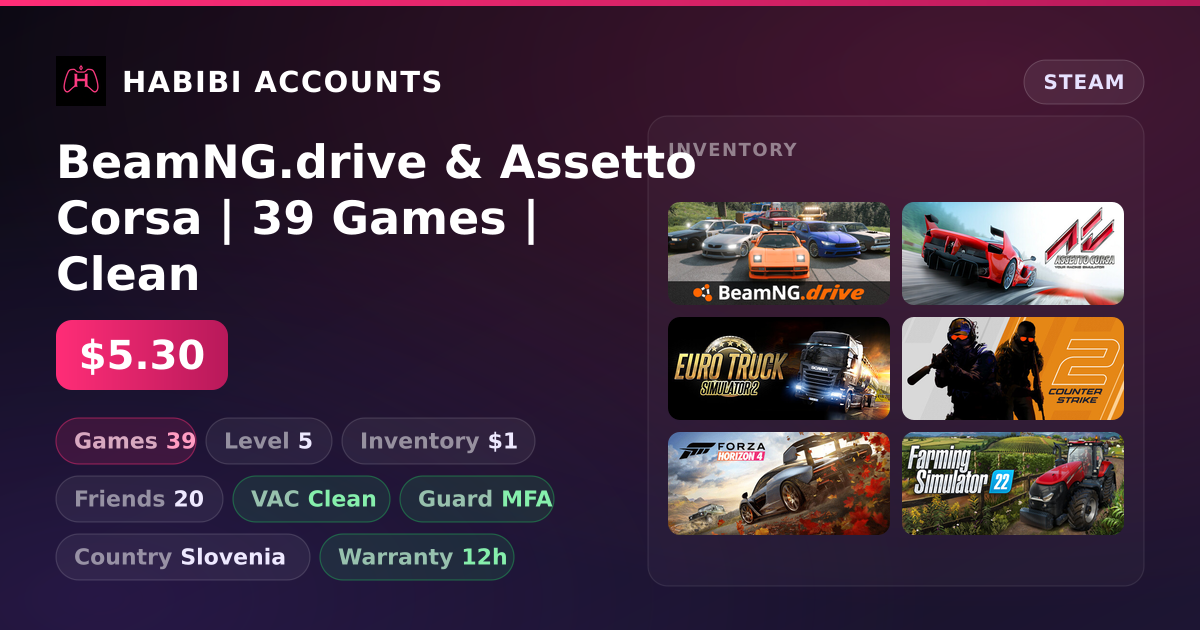 BeamNG.drive & Assetto Corsa | 39 Games | Clean — HabibiAccounts