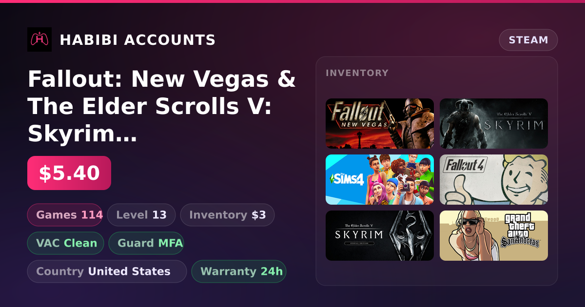 Fallout: New Vegas & The Elder Scrolls V: Skyrim | Level 13 | 114 Games | Clean — HabibiAccounts