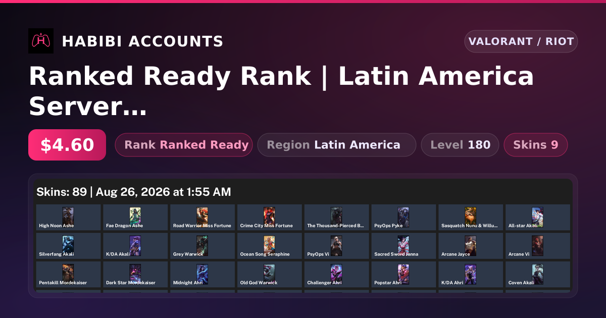 Ranked Ready Rank | Latin America Server | 9 Skins | Level 180 — HabibiAccounts