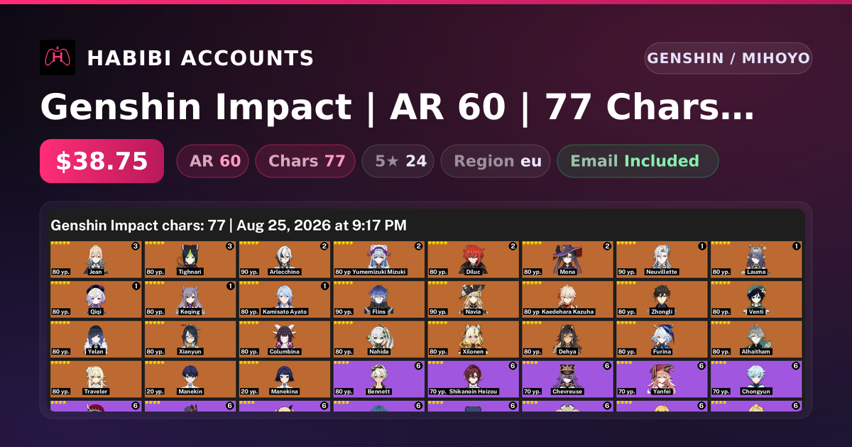 Genshin Impact | AR 60 | 77 Chars | 24× 5★ — HabibiAccounts