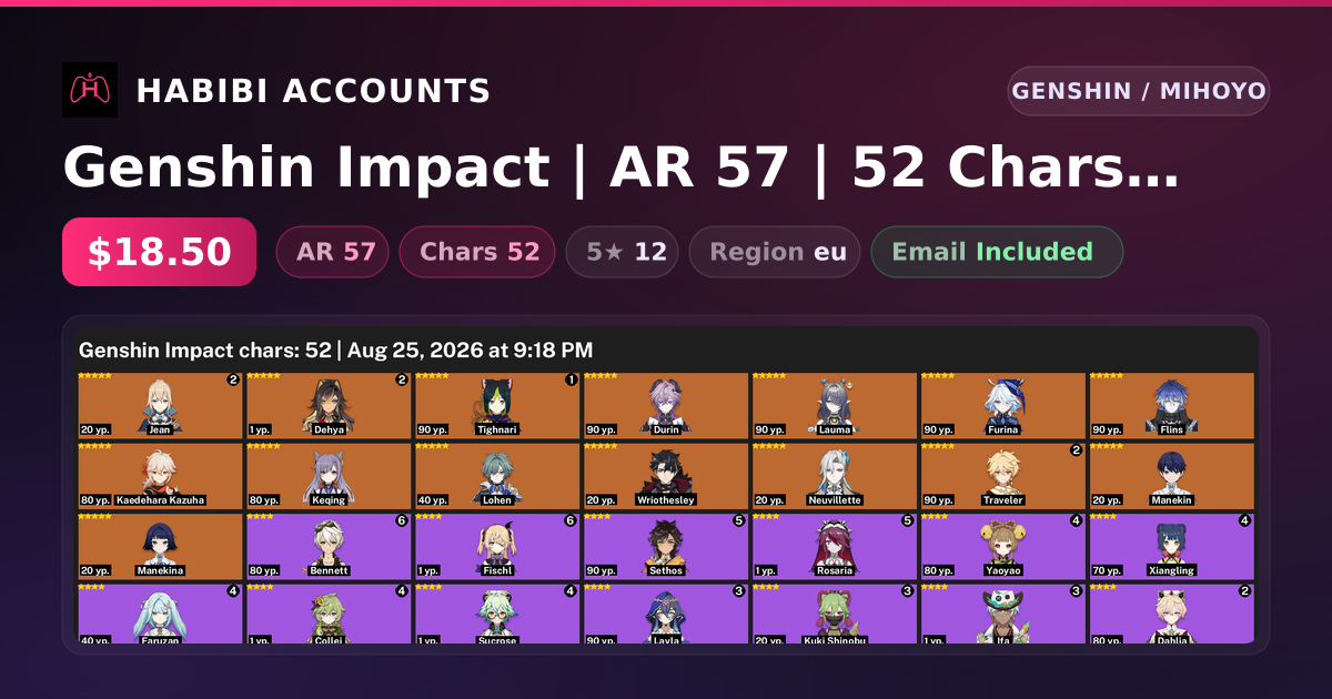 Genshin Impact | AR 57 | 52 Chars | 12× 5★ — HabibiAccounts