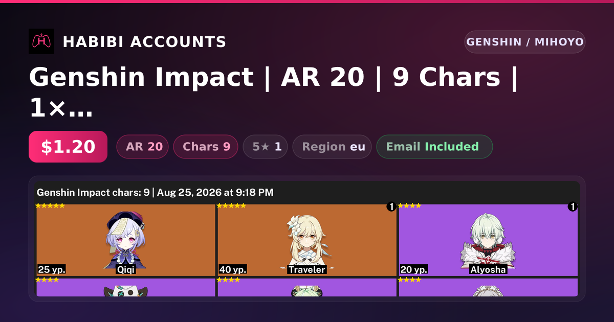 Genshin Impact | AR 20 | 9 Chars | 1× 5★ — HabibiAccounts