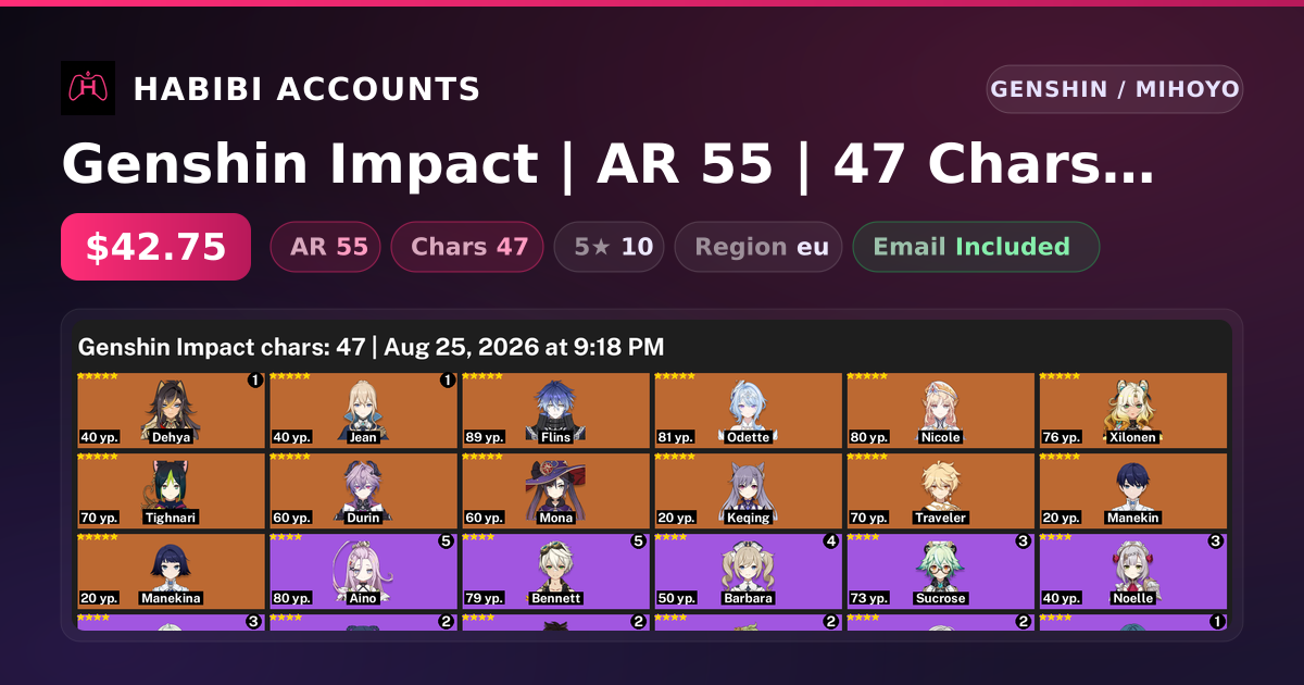 Genshin Impact | AR 55 | 47 Chars | 10× 5★ — HabibiAccounts