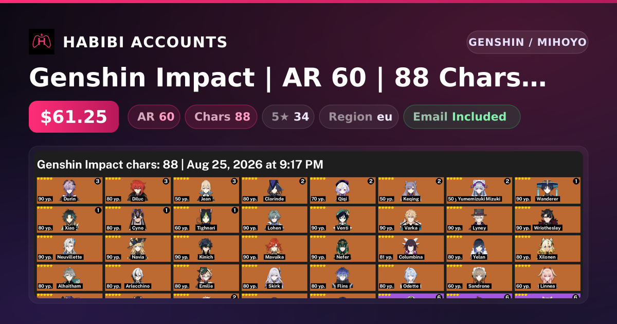 Genshin Impact | AR 60 | 88 Chars | 34× 5★ — HabibiAccounts