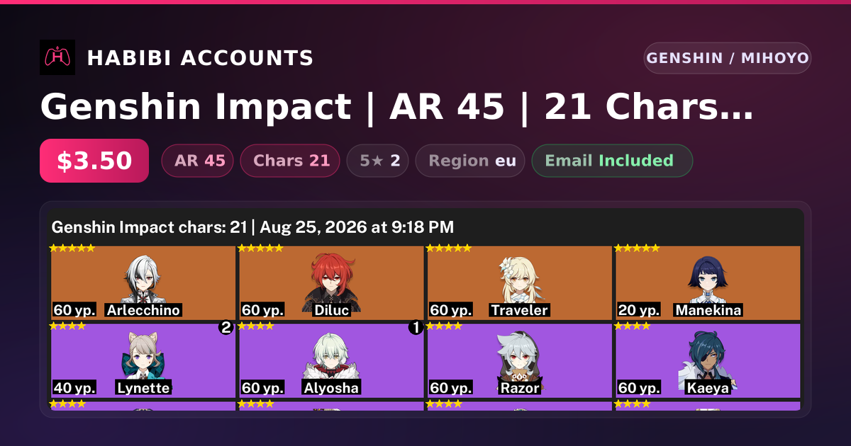 Genshin Impact | AR 45 | 21 Chars | 2× 5★ — HabibiAccounts