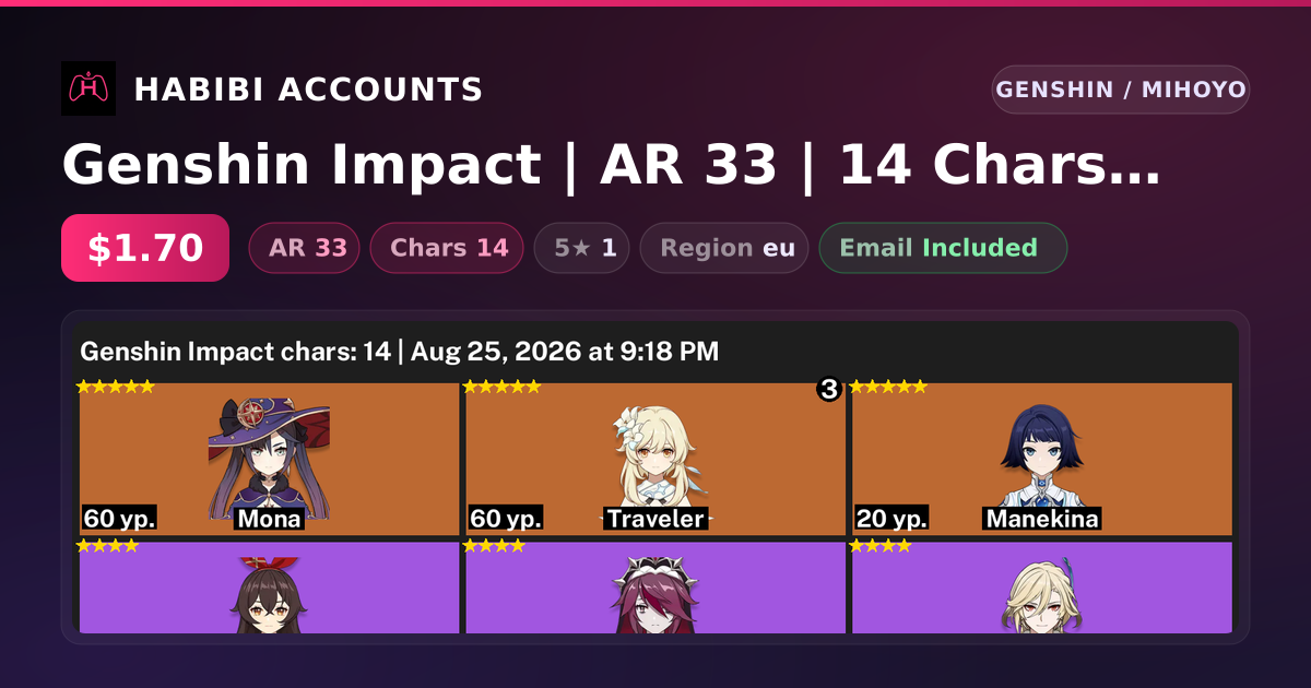 Genshin Impact | AR 33 | 14 Chars | 1× 5★ — HabibiAccounts