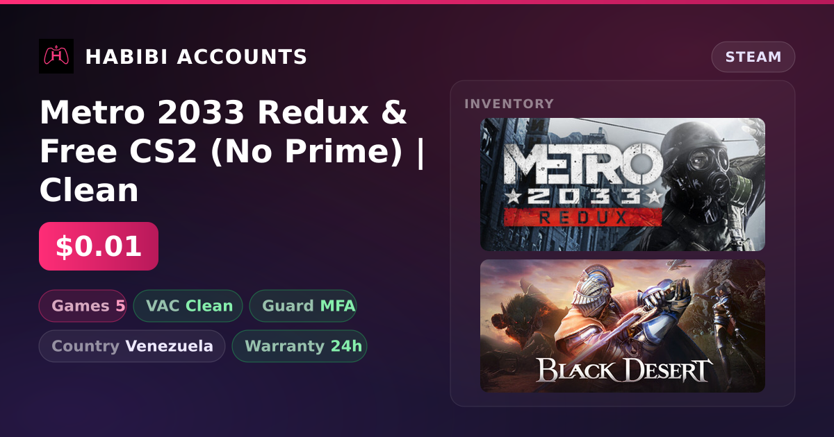 Metro 2033 Redux & Free CS2 (No Prime) | Clean — HabibiAccounts