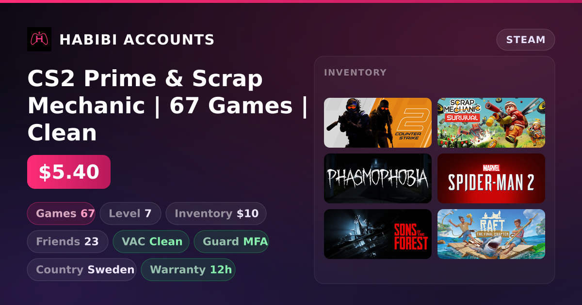 CS2 Prime & Scrap Mechanic | 67 Games | Clean — HabibiAccounts
