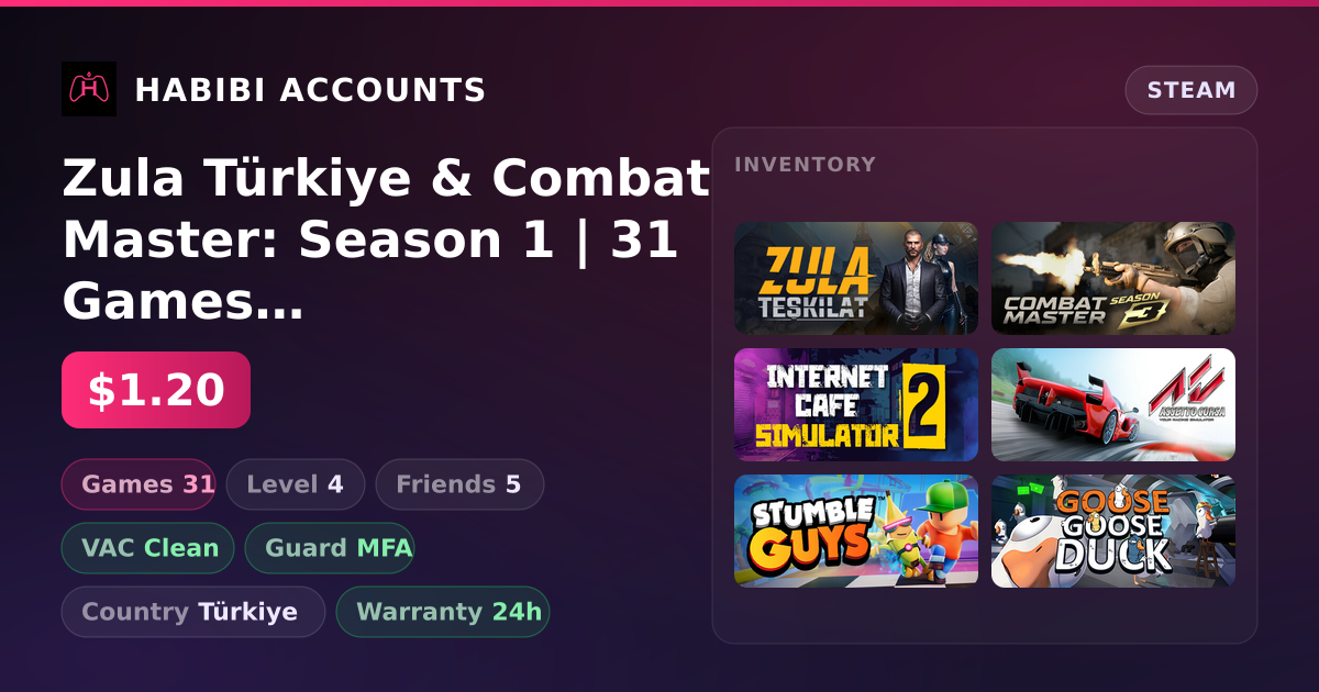 Zula Türkiye & Combat Master: Season 1 | 31 Games | Clean — HabibiAccounts