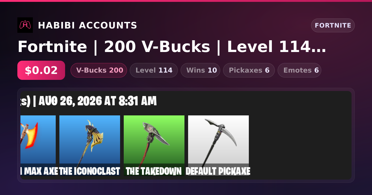 Fortnite | 200 V-Bucks | Level 114 | 10 Wins — HabibiAccounts