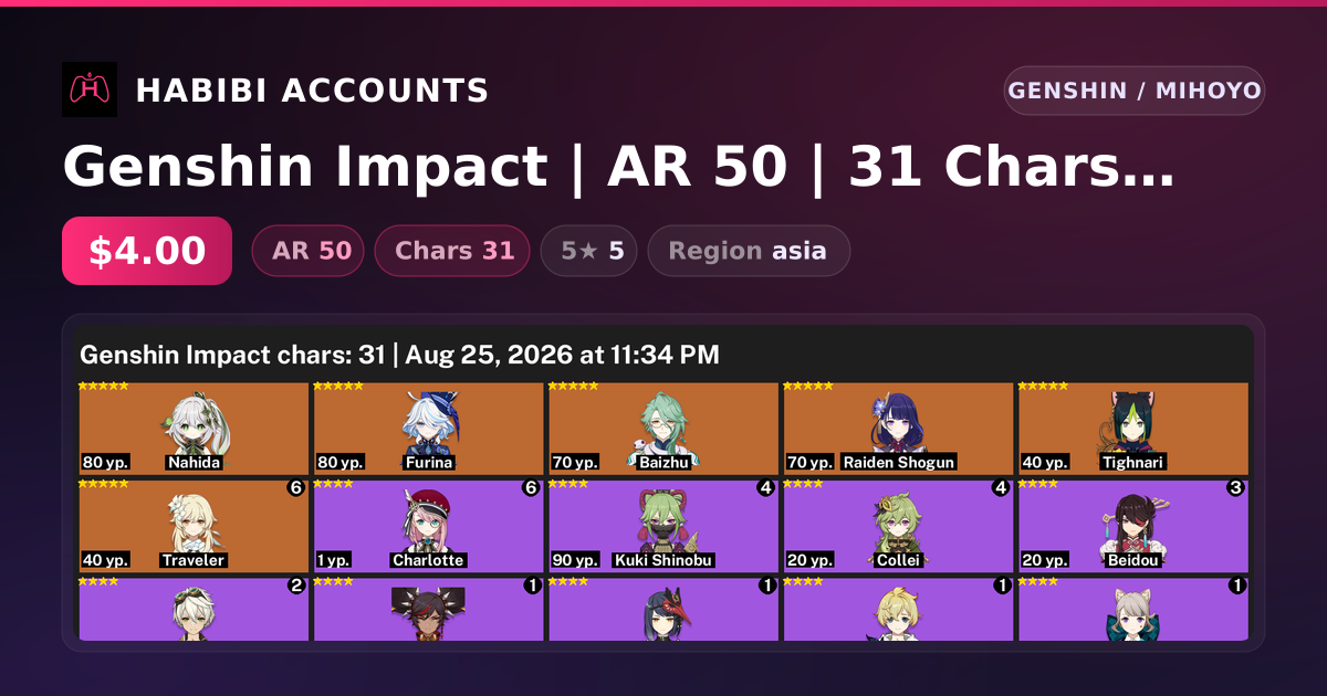 Genshin Impact | AR 50 | 31 Chars | 5× 5★ — HabibiAccounts