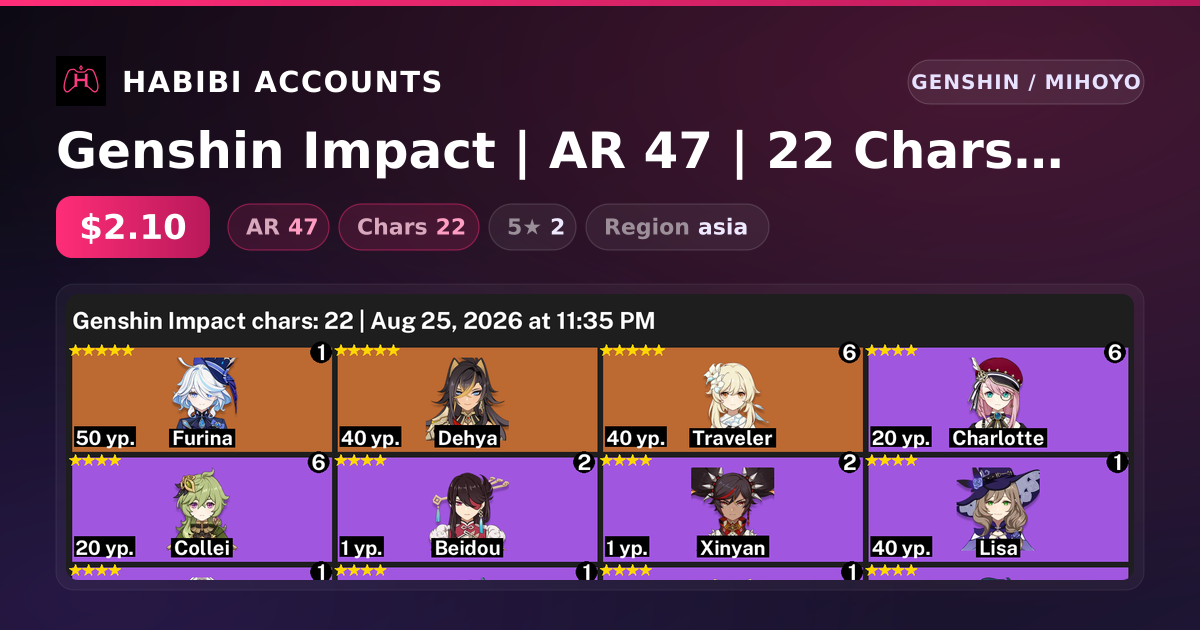 Genshin Impact | AR 47 | 22 Chars | 2× 5★ — HabibiAccounts