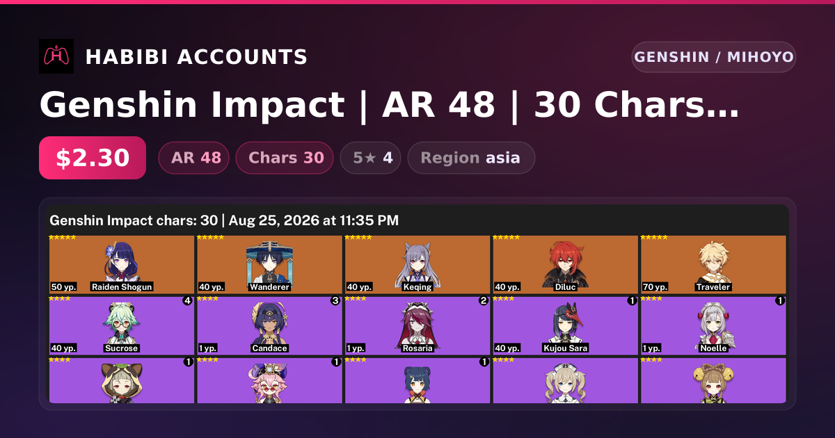 Genshin Impact | AR 48 | 30 Chars | 4× 5★ — HabibiAccounts